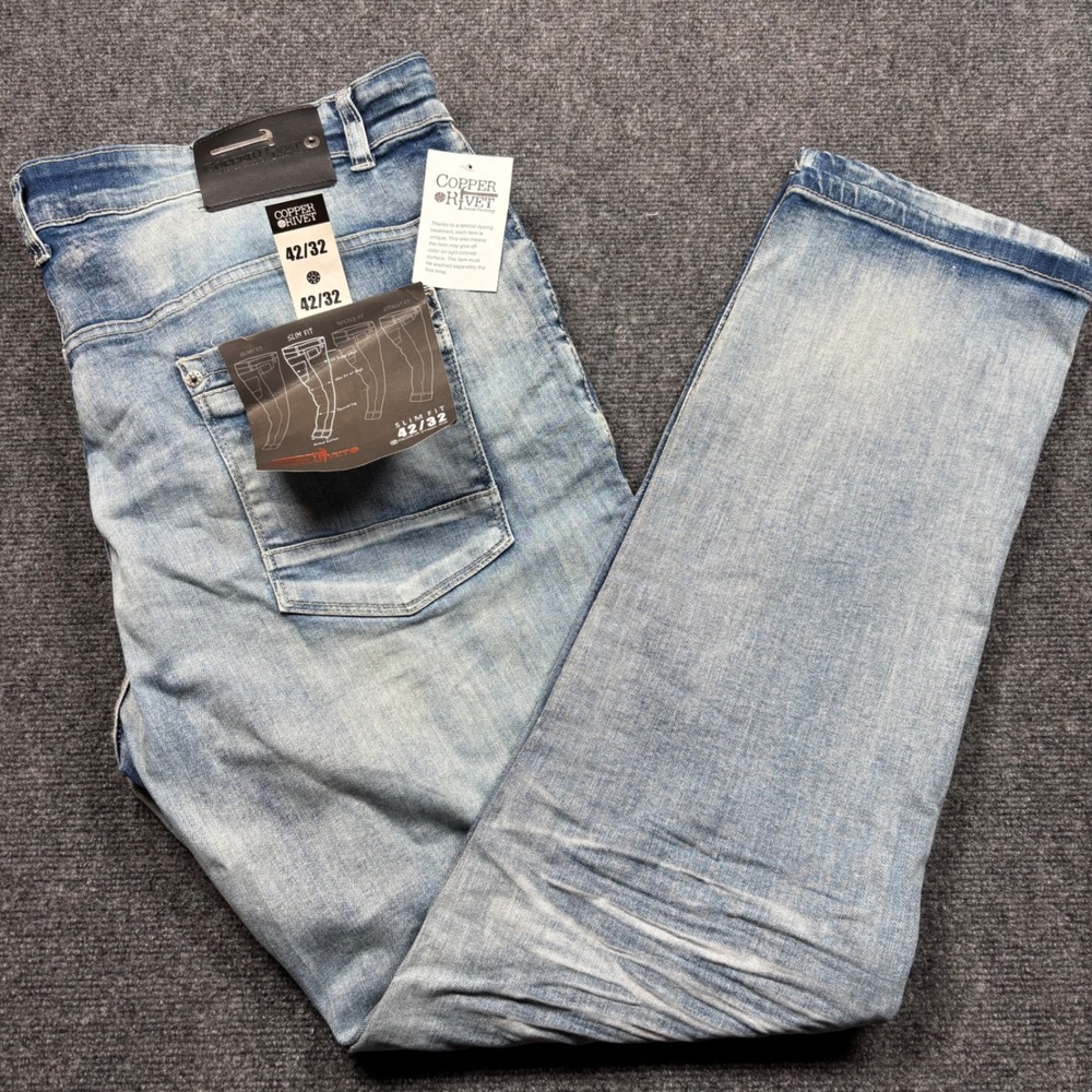 Copper Rivet Slim Fit Jeans Mens 42x32 Blue Distressed Graphic Patch